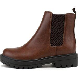 Women Cognac Lug Sole Low Chunky Heel Chelsea Double Elastic Gore Ankle Booties